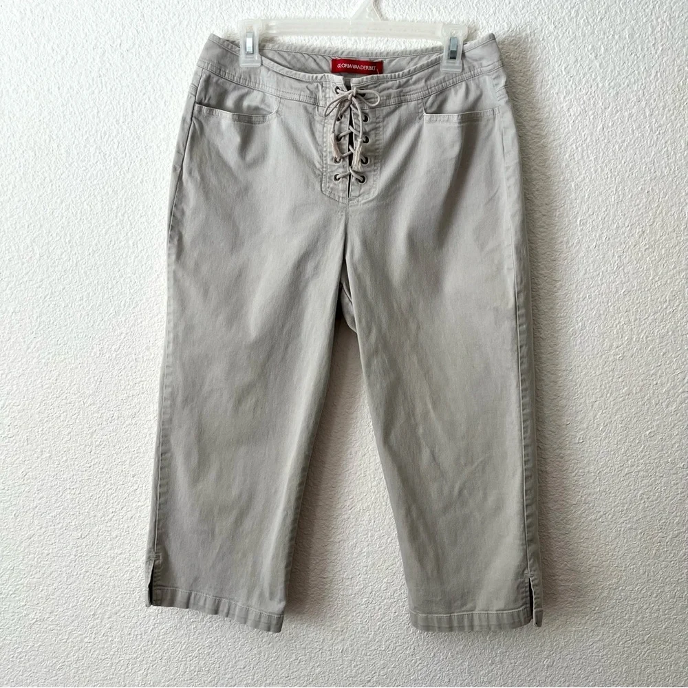 Vintage Gloria Vanderbilt Women Capri Cropped Pants Size 14P Beige Lace up Front